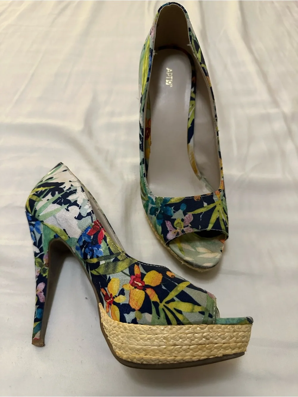 Navy Floral Peep-Toe Platform Heels